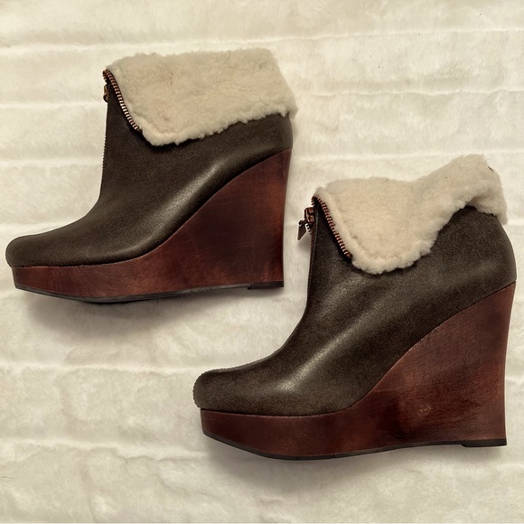 NEW Matt Bernson Brown Leather Zip Wedge Heel Bootie w/ Faux Sherpa Trim - Picture 4 of 16